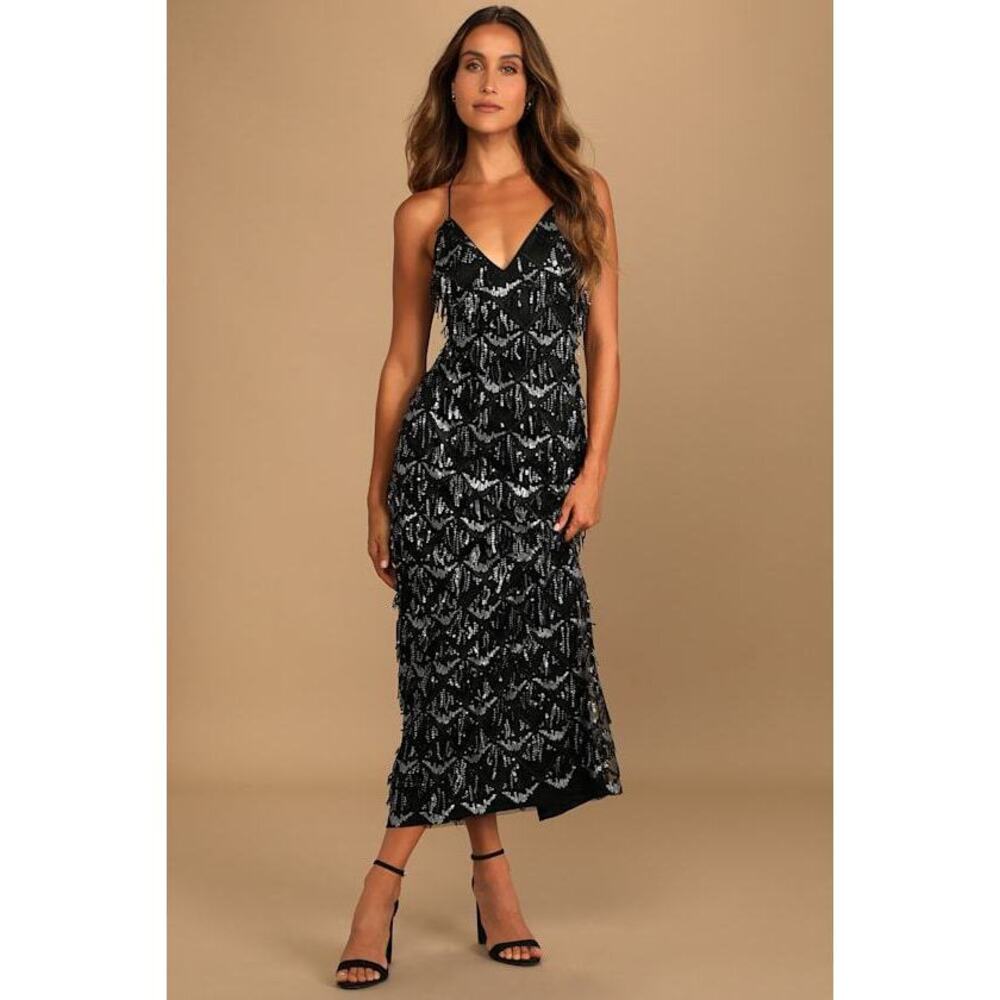 Lulus Marvelous Moment Black Sequin Fringe Maxi Dress - Size L